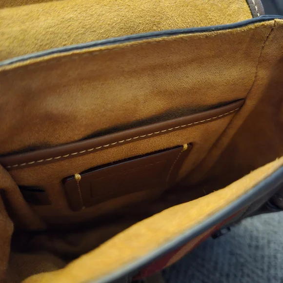 Coach Brown Leather Messenger Bag with Yellow Top and Red-Orange Stripe - Picture 4 of 8